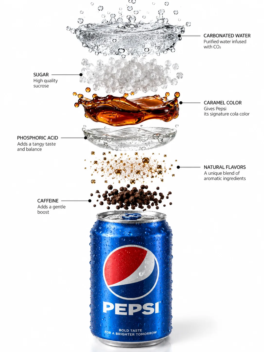 Exploded cola ingredients infographic above a chilled blue can