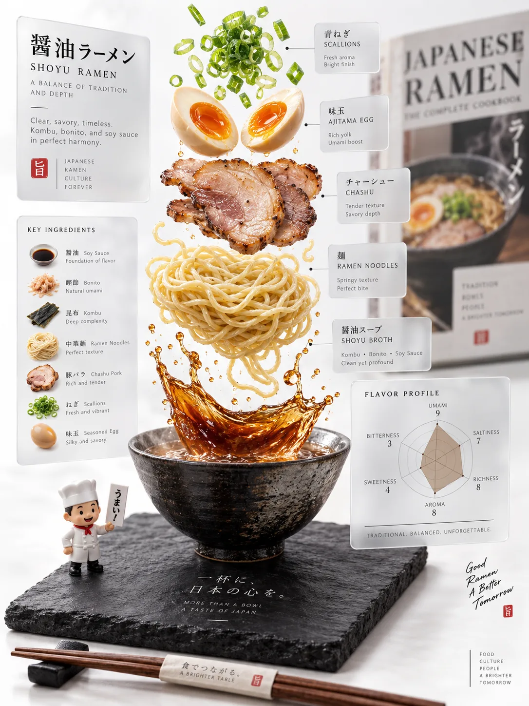 Deconstructed ramen with miniature chef and glass interface panels