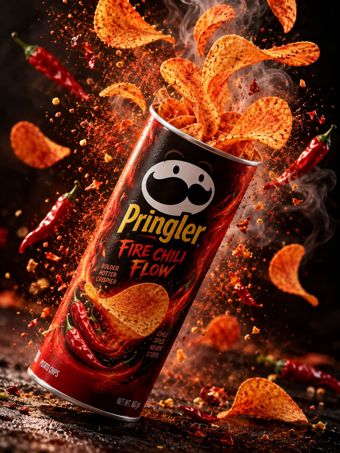 Spicy chips bursting from a tilted chili snack can