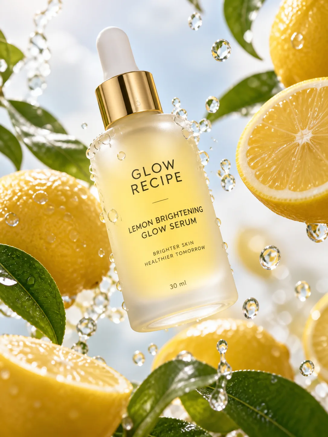 Floating frosted lemon skincare serum bottle