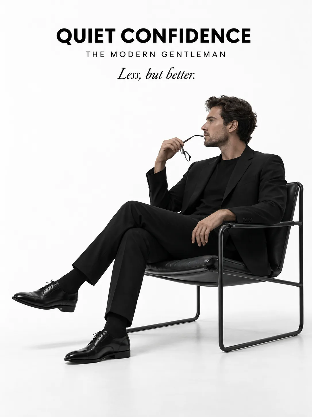 Minimal black suit fashion advertisement in a white studio