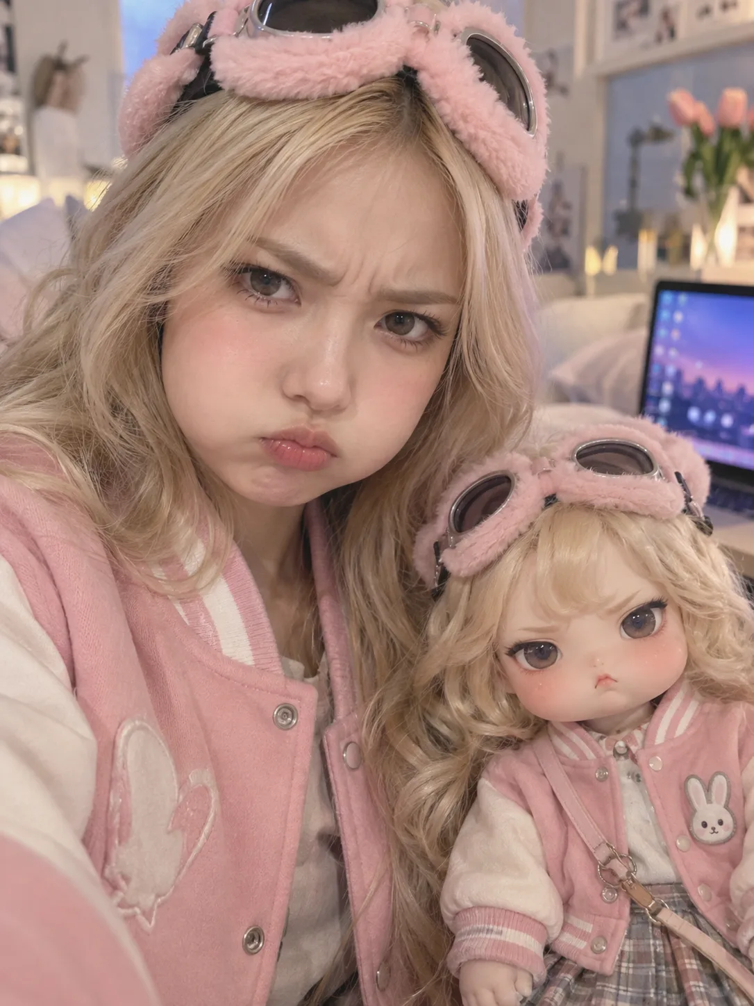 Playful twinning selfie of a woman and doll in matching pink varsity jackets and fuzzy goggles