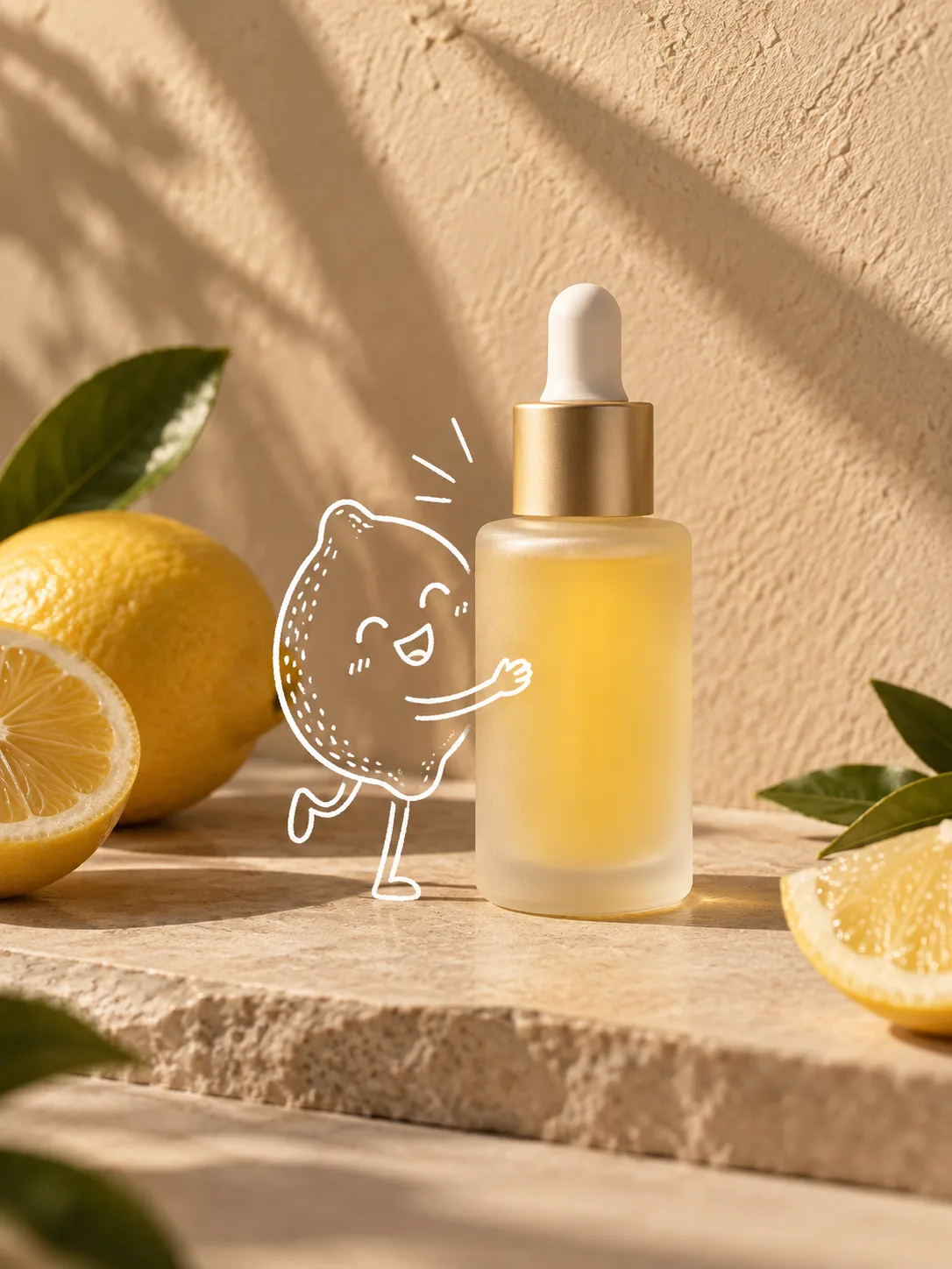 Minimal skincare photography with hand-drawn white line character