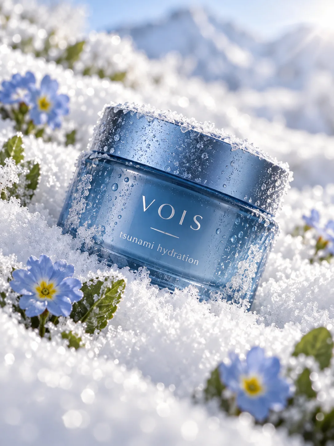 Blue hydration cream jar nestled in sparkling snow