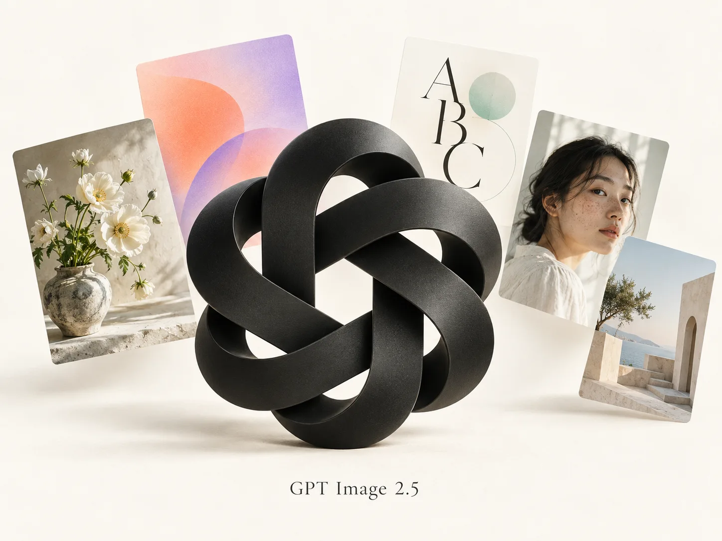 GPT Image 2.5 라벨이 붙은 무광 블랙 매듭 조형물과 꽃, 그라디언트 아트, ABC 타이포그래피, 인물 사진, 건축 카드가 떠 있는 모습