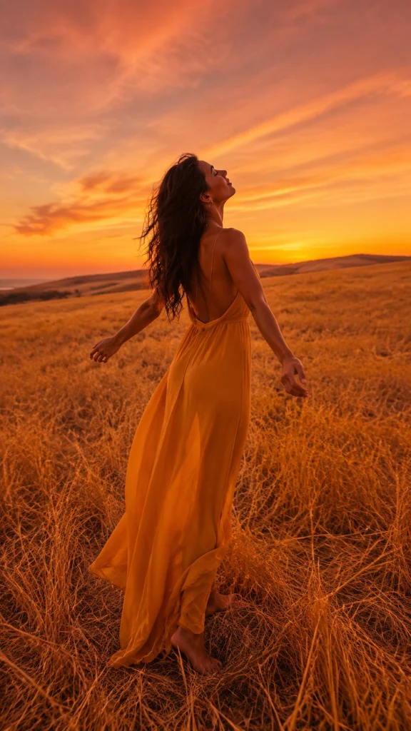 Wheat-field sunset dress editorial