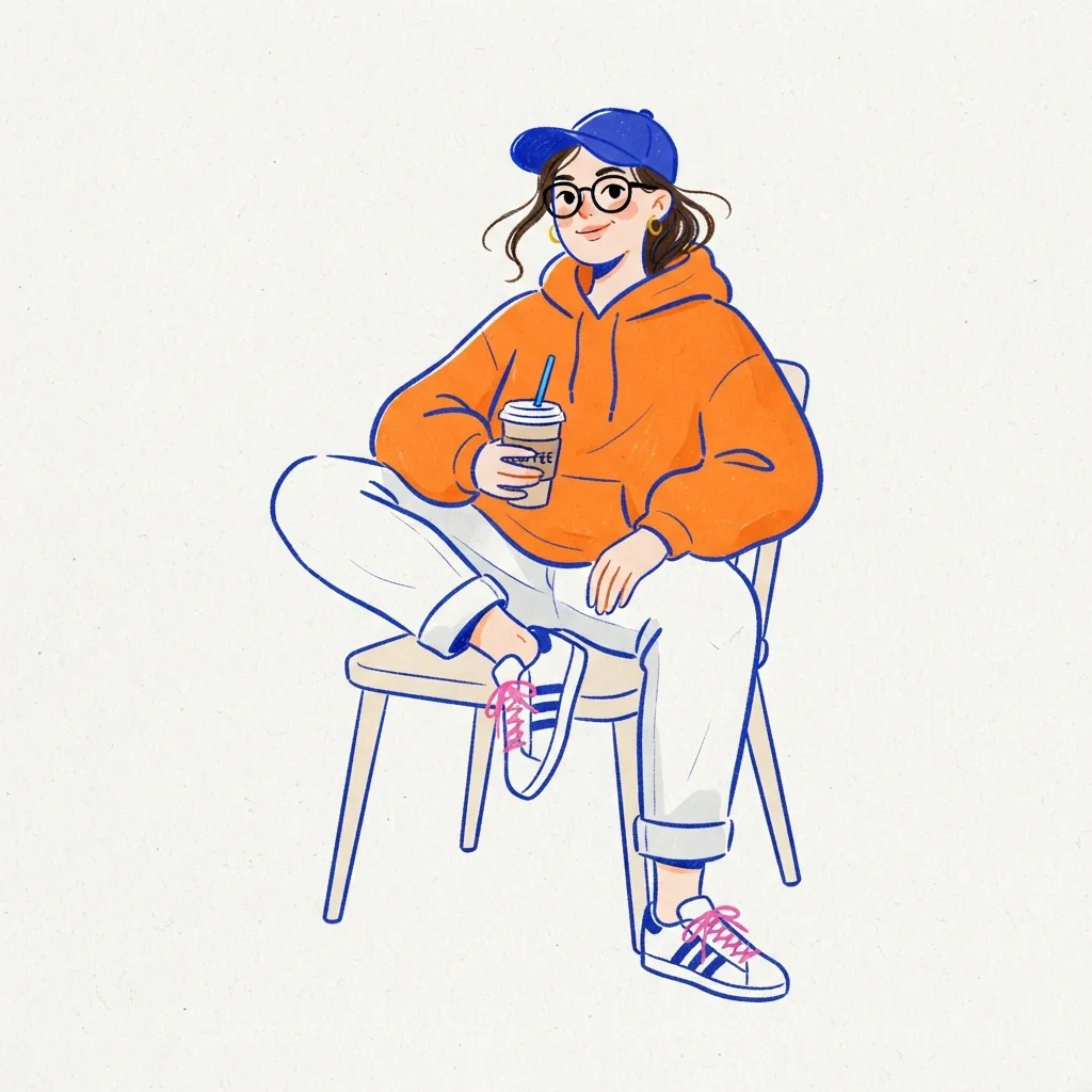 Woman in an orange hoodie sitting with a takeaway drink