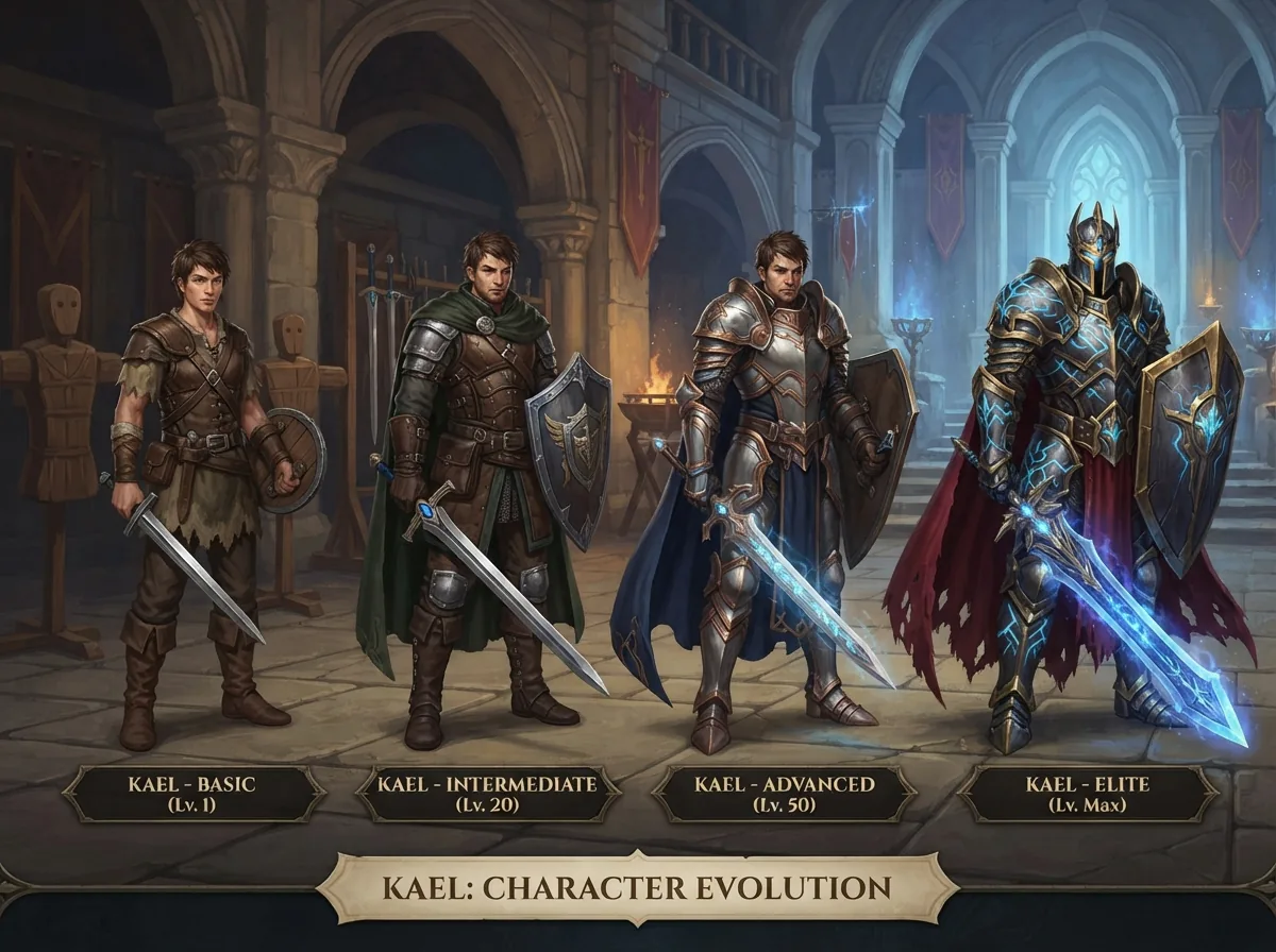 Four versions of the character Kael from basic to elite