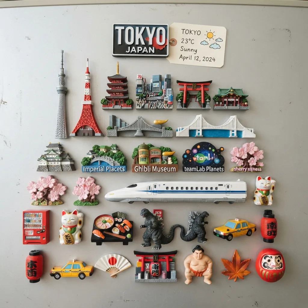 Tokyo landmark magnets arranged into a mound