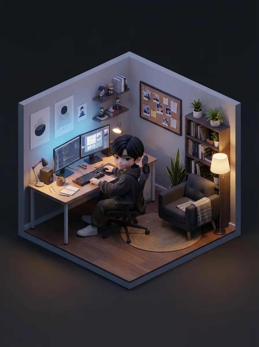 Isometric cube studio with a chibi creator at a desk