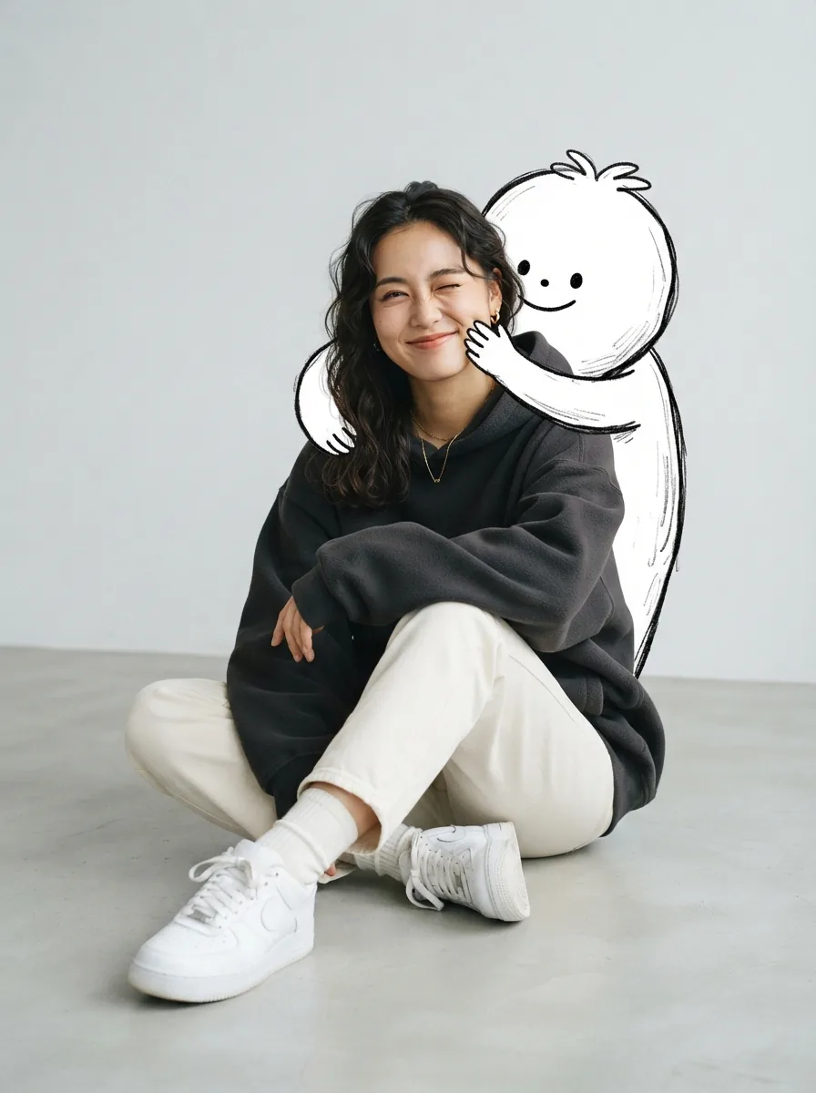Woman in a hoodie hugged by a black-and-white doodle character