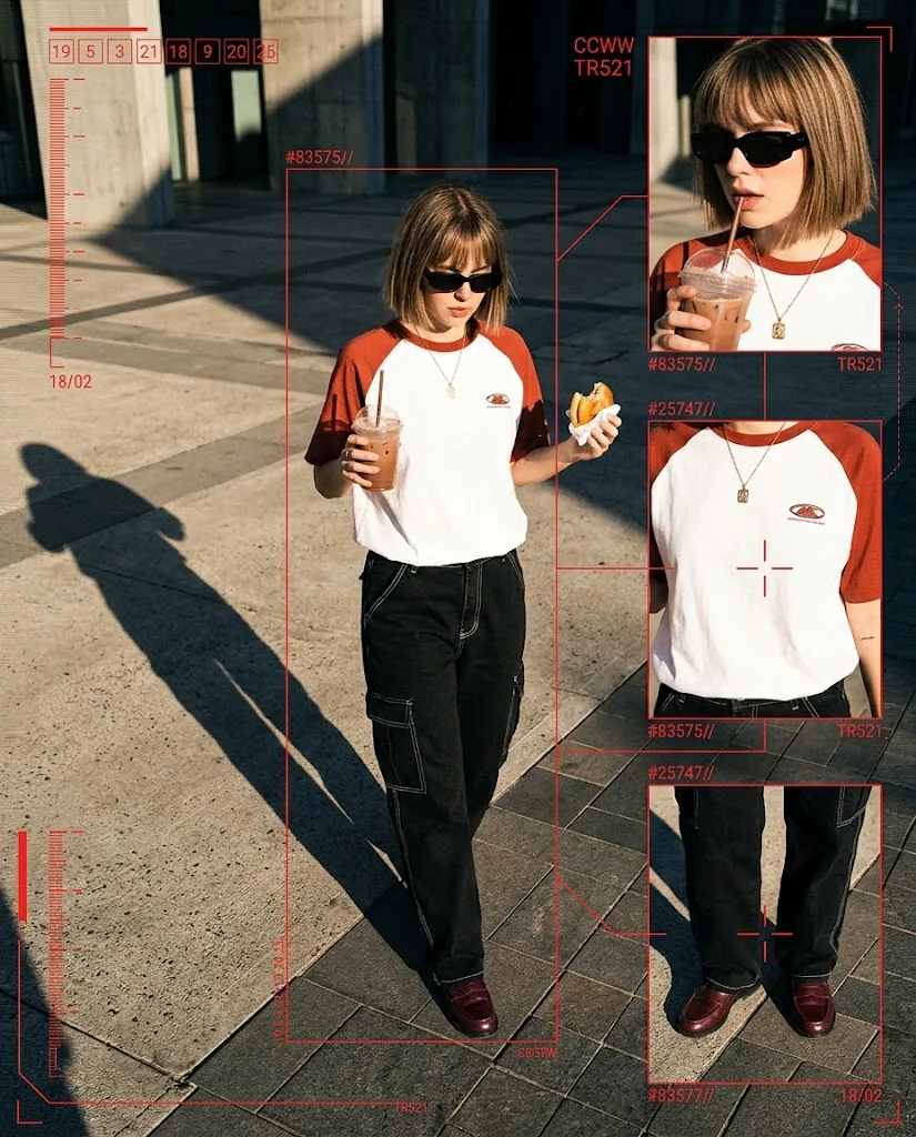Cyberpunk street fashion with red HUD overlays