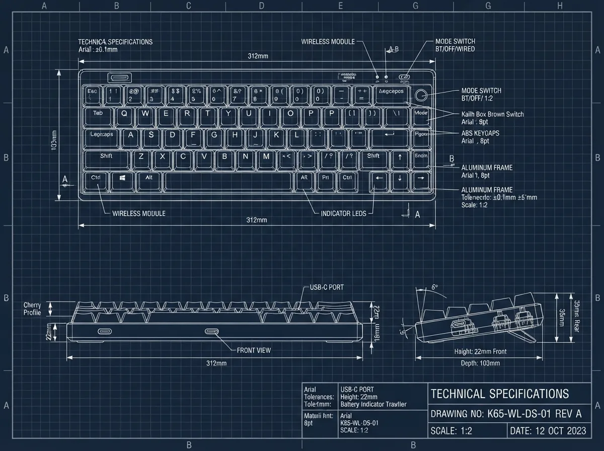 Wireless mechanical keyboard technical blueprint