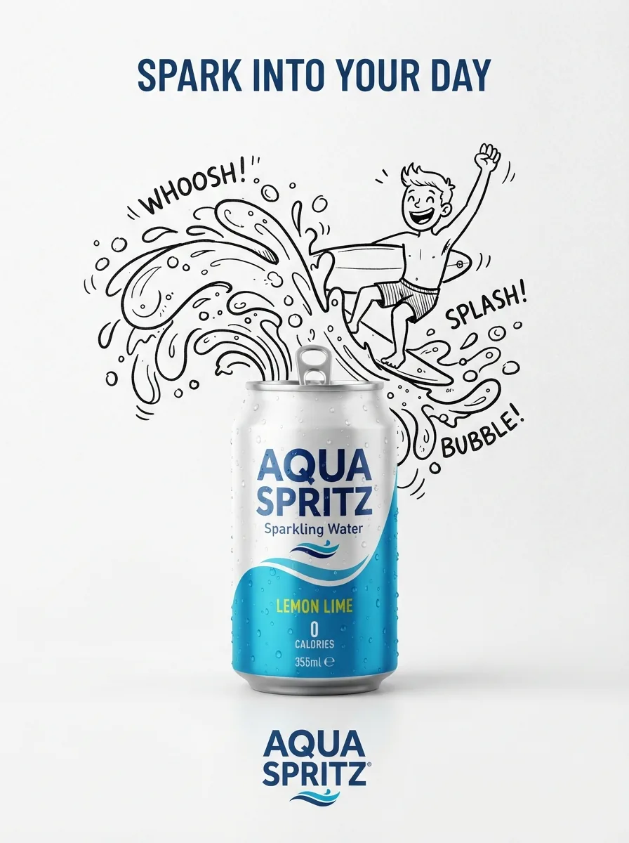 Sparkling water can blended with a cartoon surf sketch