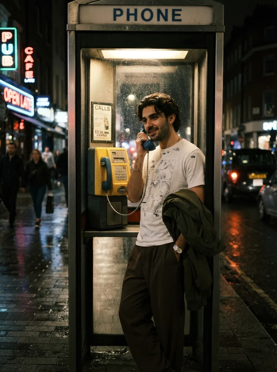 Young man in a nighttime phone booth