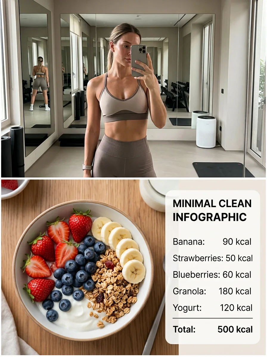 Gym selfie and breakfast infographic