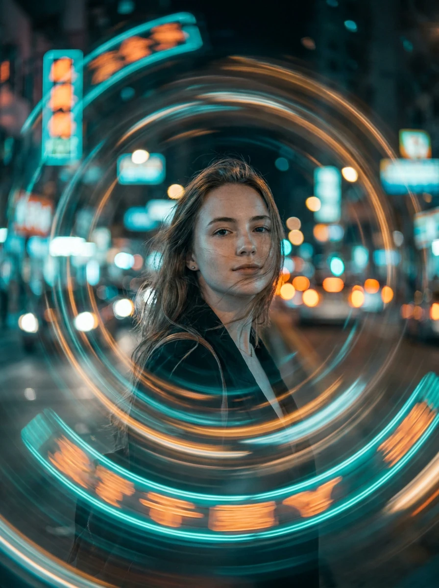 City lights spiraling in motion blur