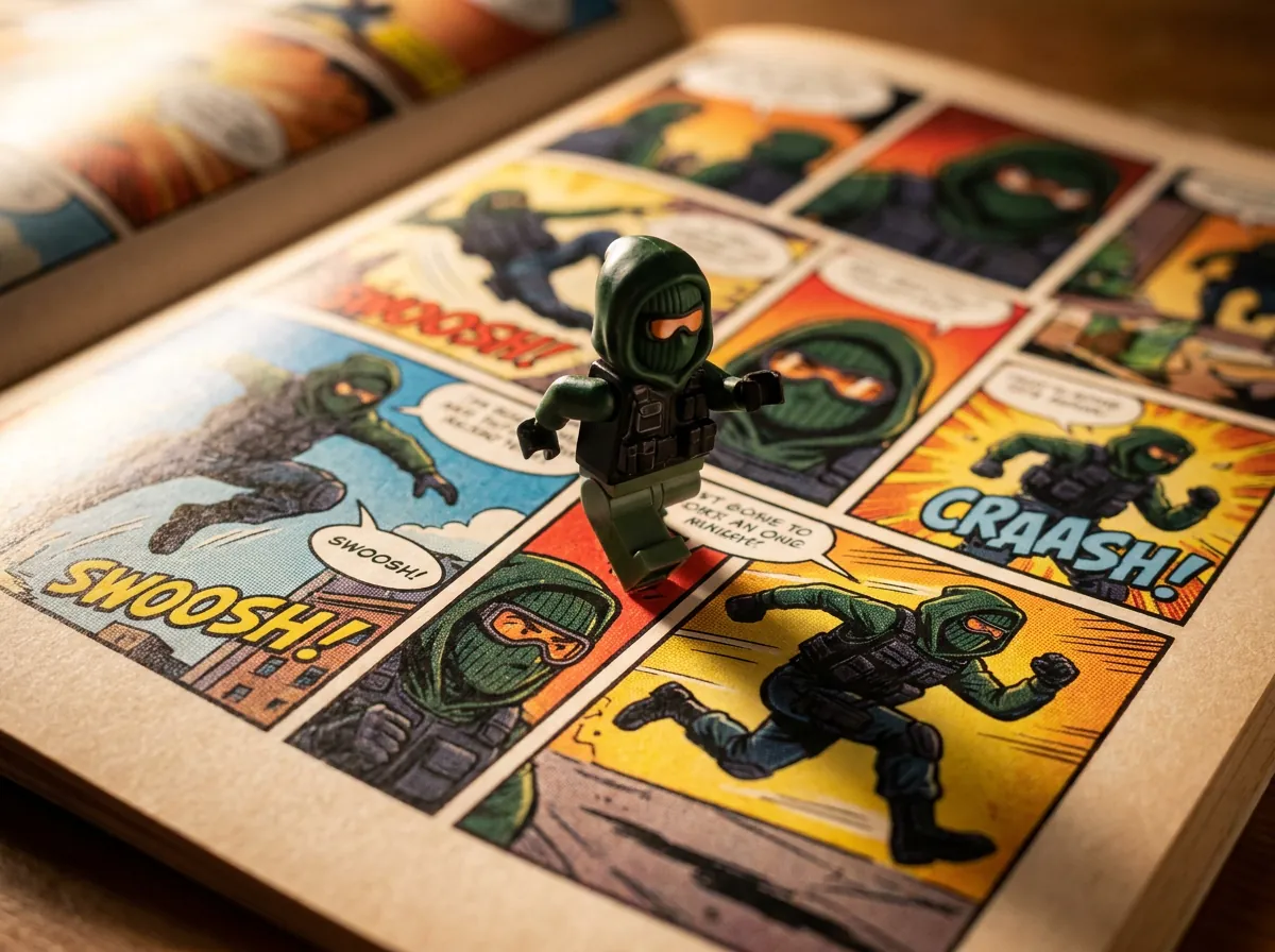 Miniature hero on a comic page