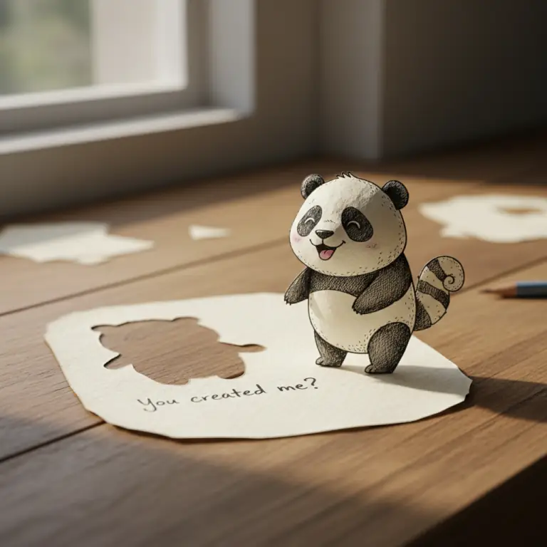 Handmade paper panda cutout on a wooden desk