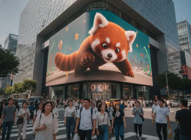 Giant red panda on a glasses-free 3D LED screen