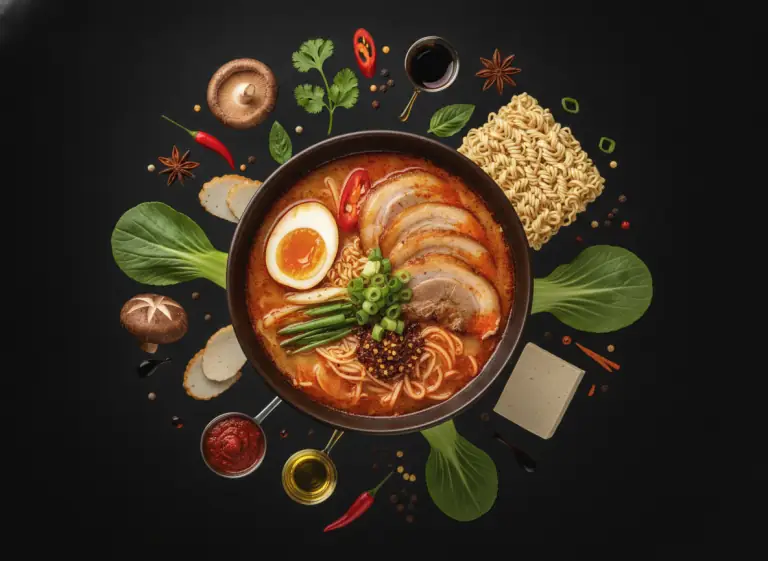 Spicy ramen bowl with floating ingredients