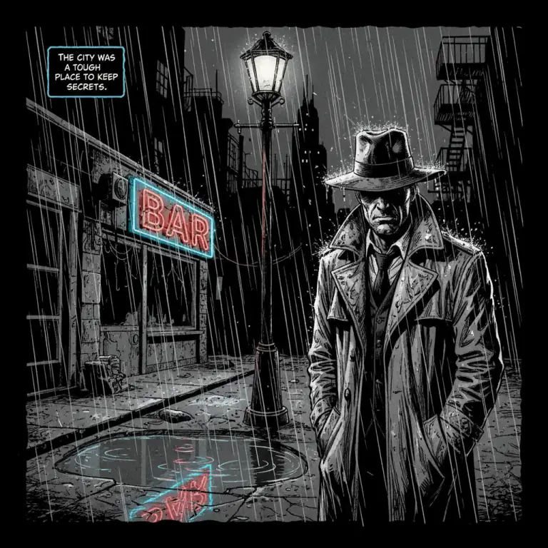 Noir detective under a streetlamp in the rain