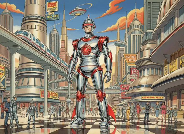 Chrome and red retro-futurist humanoid robot