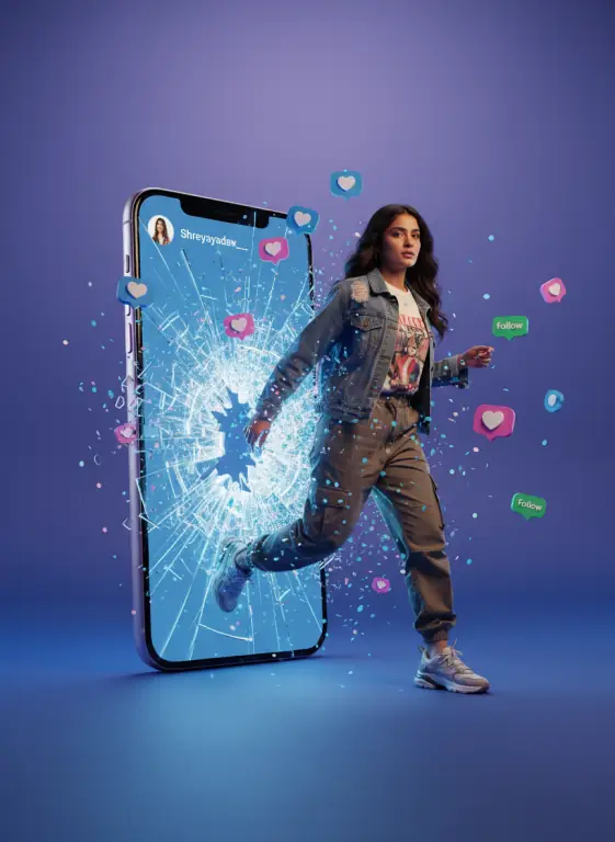 Woman stepping out of a smartphone screen