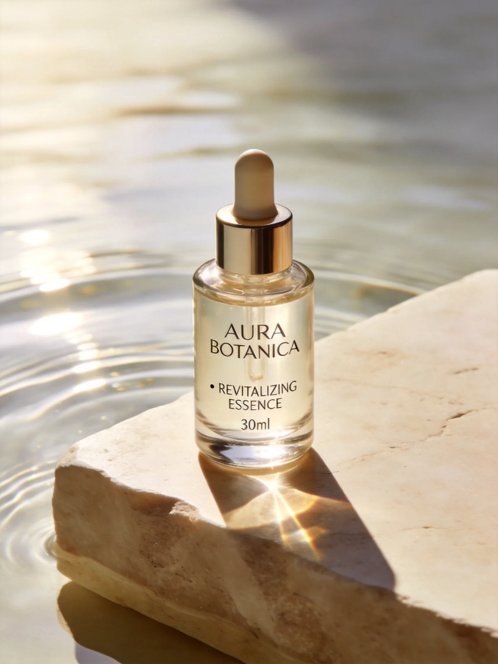 Luxury botanical skincare serum bottle on travertine