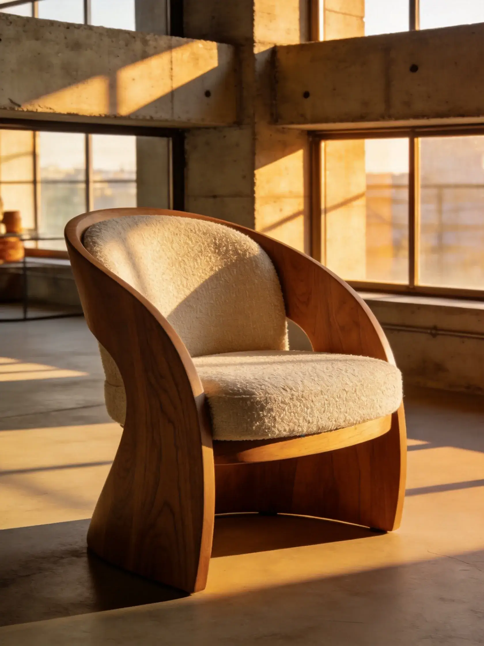 Editorial Scandinavian oak armchair in a minimalist loft