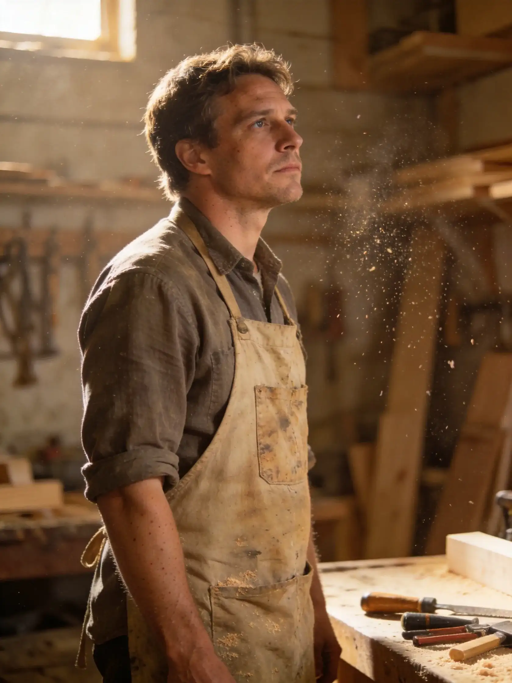 Cinematic portrait of an artisan in a woodworking workshop