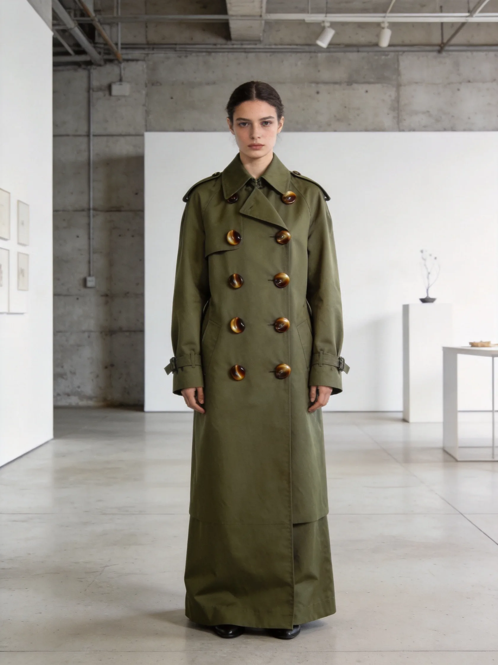 Fashion lookbook shot of a model in an olive trench coat