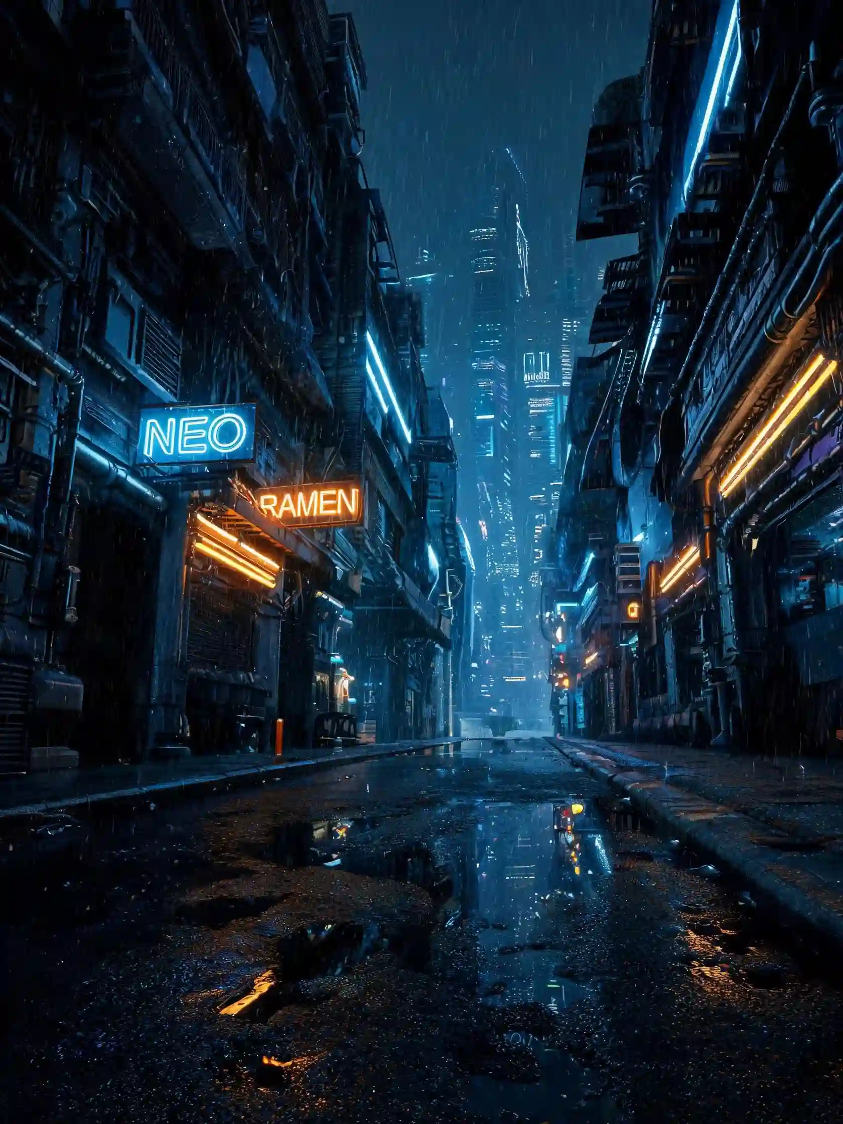 Cinematic cyberpunk streetscape in the rain