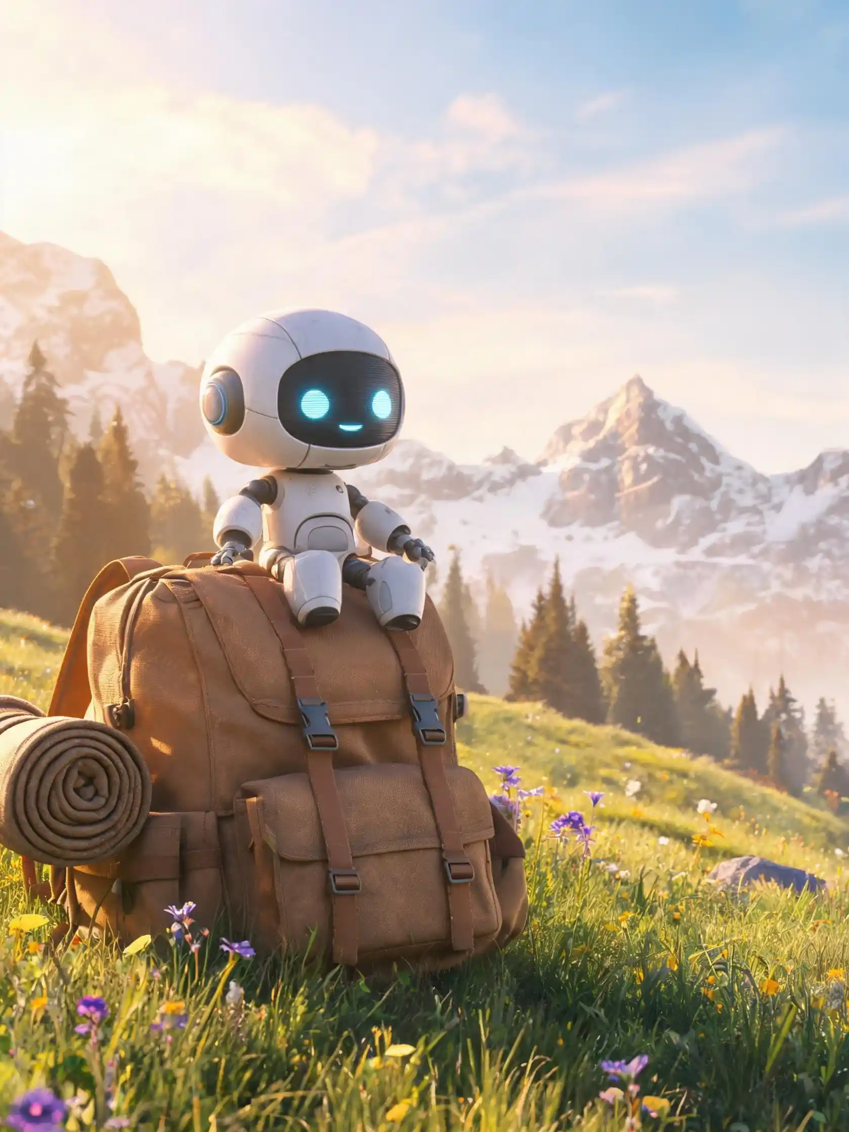Expressive 3D robotic character in an alpine meadow