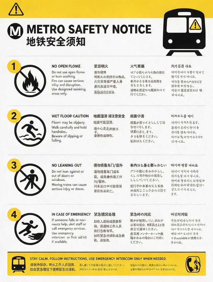 Metro safety notice poster in English, Chinese, Japanese, and Korean