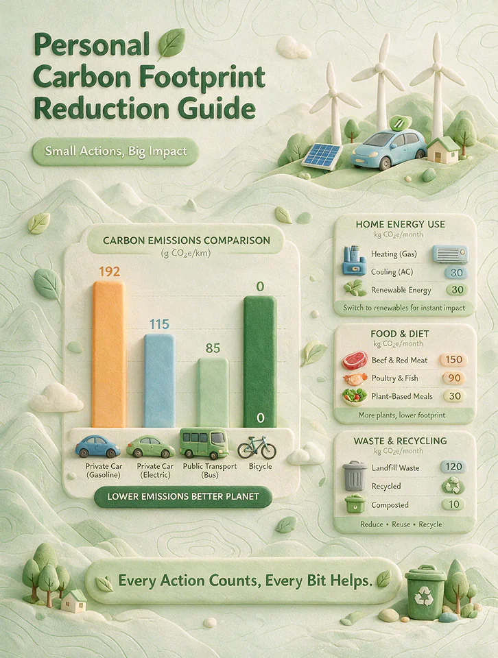 Personal carbon footprint infographic with clay-style icons and charts