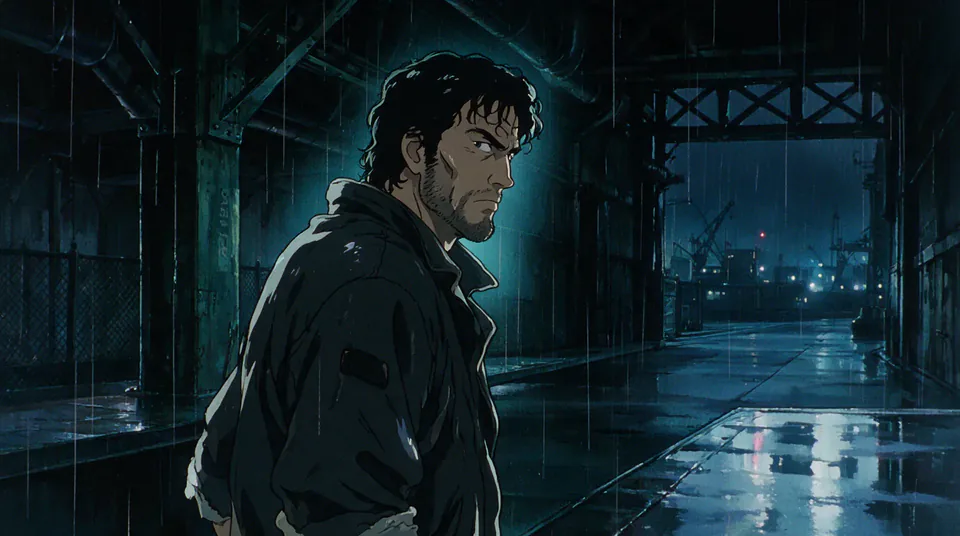 1980s anime portrait of a man in a wet industrial corridor