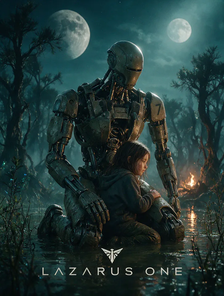 Photoreal sci-fi movie poster of a robot protecting a child