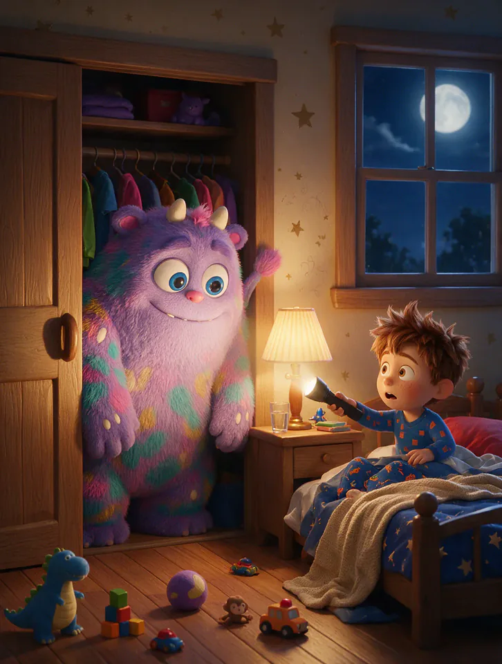 3D family-film scene of a fluffy monster hiding in a closet