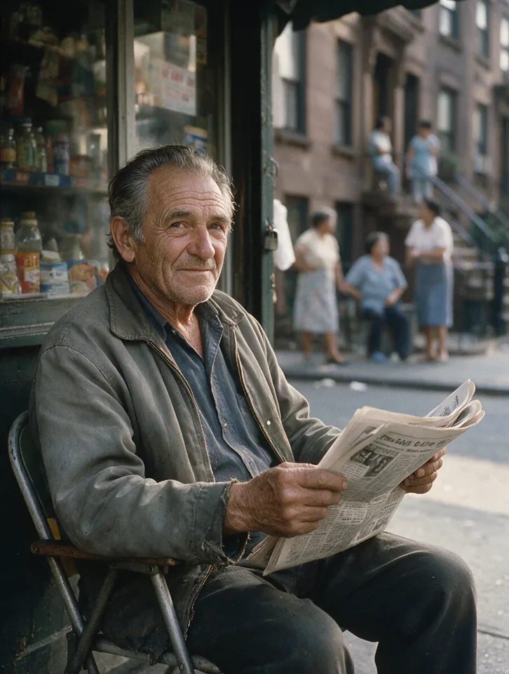 1970s documentary portrait of a man reading a newspaper