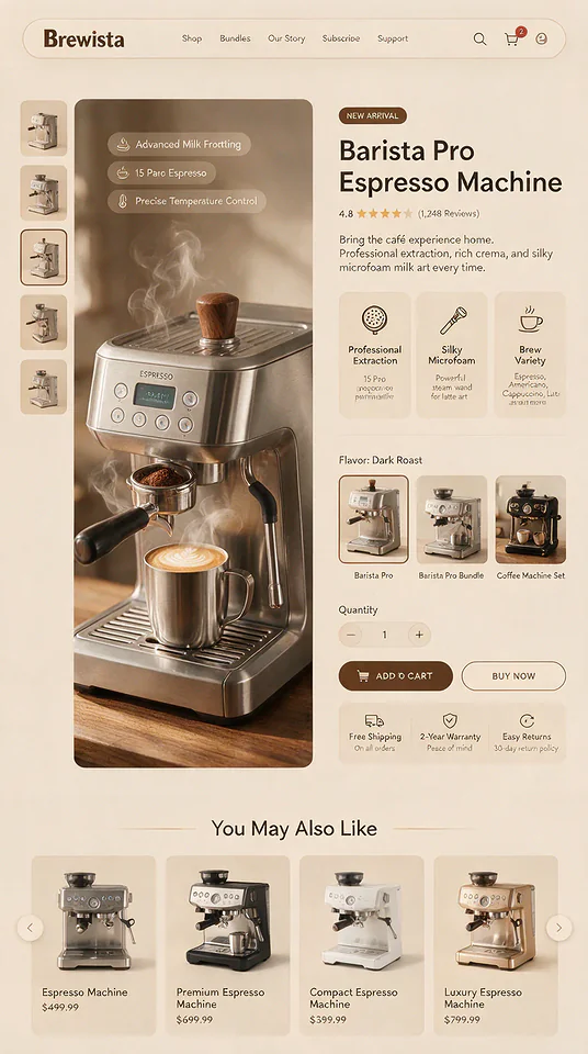 Coffee machine product page with espresso machine and cart UI