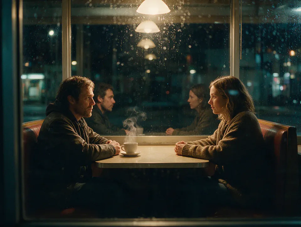 Late-night diner two-shot seen through a rainy window