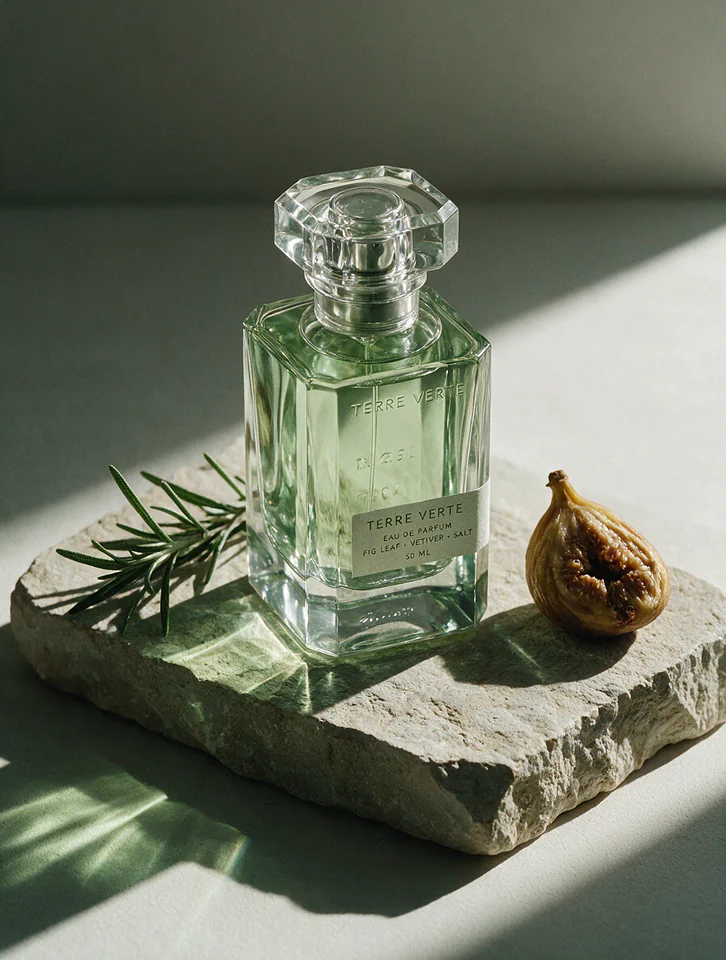 Luxury perfume bottle still life with readable Terre Verte type