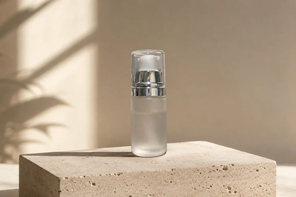 Flacone cosmetico in vetro su un podio in marmo