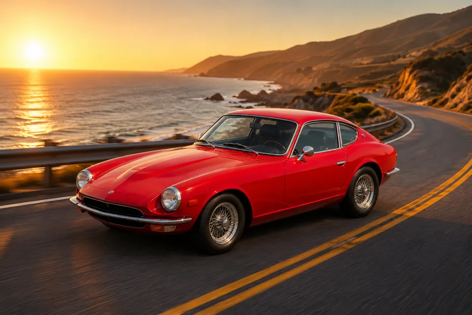 Auto d'epoca su strada costiera al tramonto