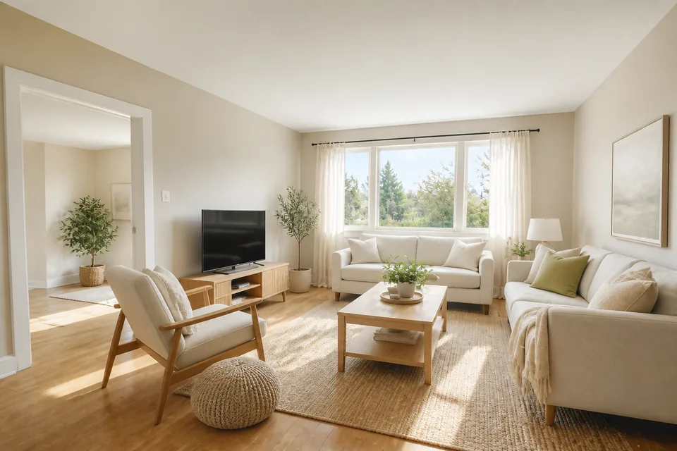 Luminoso soggiorno scandinavo arredato con stile