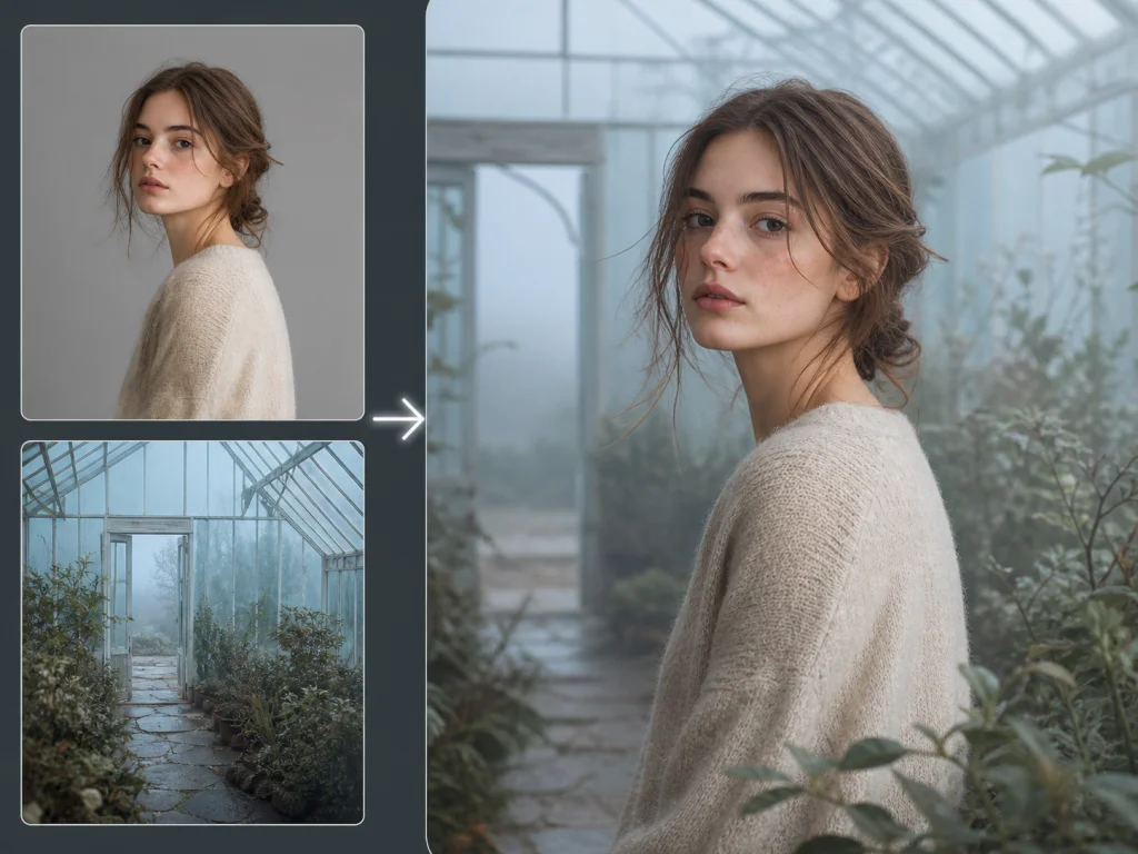 Portrait and greenhouse inputs blended with seamless hair and sweater edges
