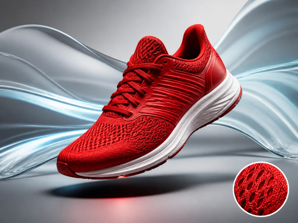 Red running shoe with a magnified mesh close-up