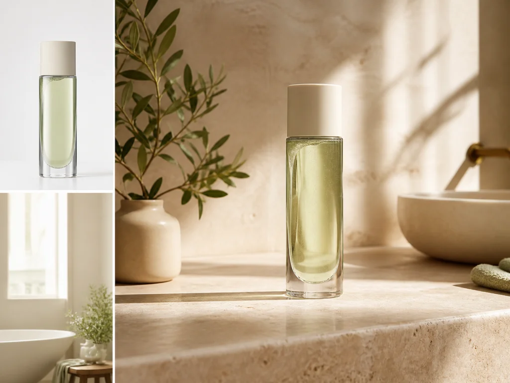 Green glass bottle placed on a sunlit bathroom counter