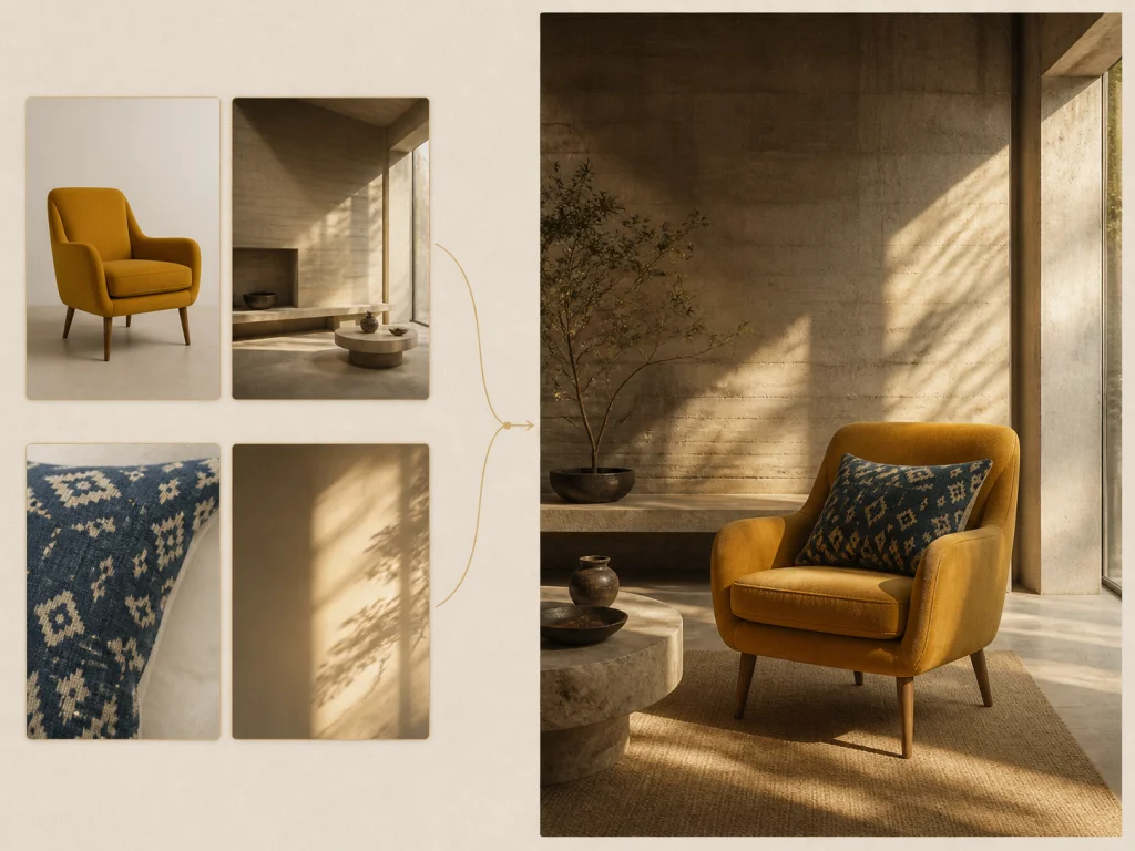Multiple reference images merged into one interior scene